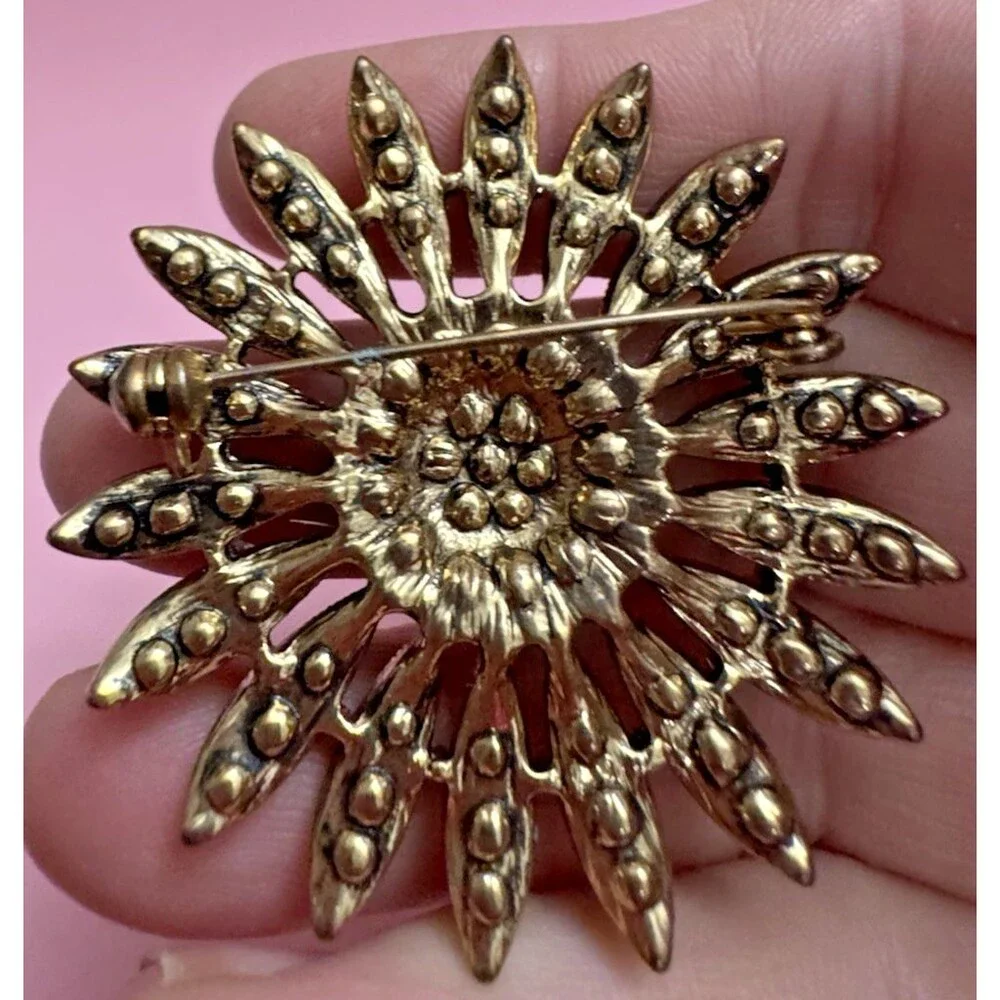 Vintage Gold Tone Rhinestone Sunburst Brooch – Amber & Clear Stones – 2”